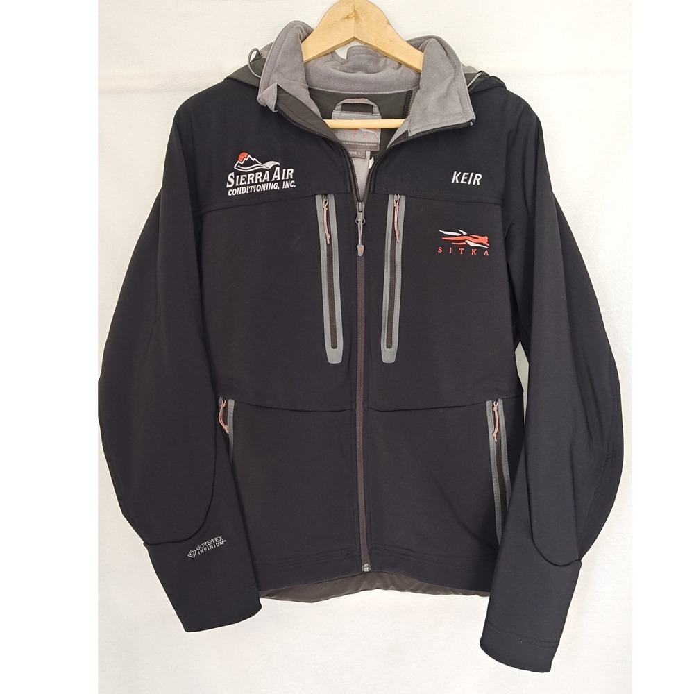 Sitka Jetstream Jacket Black Gore-Tex Windstopper Softshell Hooded Logo Large
